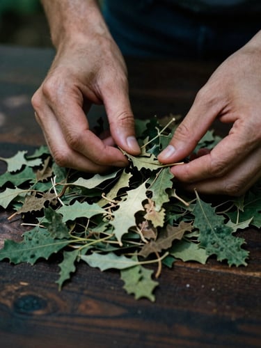 Close-up of hands carefully sorting freshly dried wildcrafted leaves on a dark wooden table, low-key natural light, tactile textures, deep earthy green and soil tones, 35mm film photography.