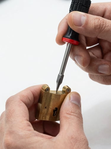 Close-up of hands working on a brass lock mechanism with a screwdriver, bright daylight, high contrast, industrial tones