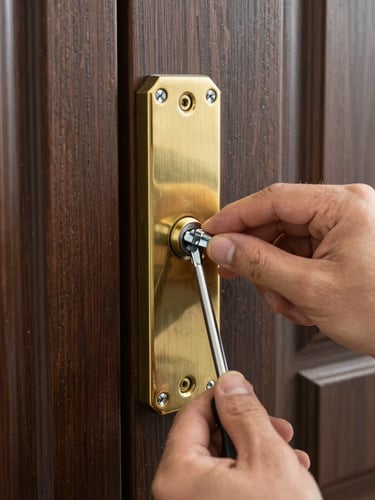 Close-up of a newly installed heavy-duty brass deadbolt lock on a dark wood door, hands tightening the final screw with a screwdriver, natural work-light, crisp documentary photography, 50mm lens