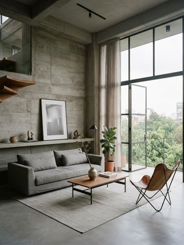 Minimalist modern apartment interior in Mexico City, concrete walls, high ceilings, soft natural light, elegant gray tones, 35mm photography