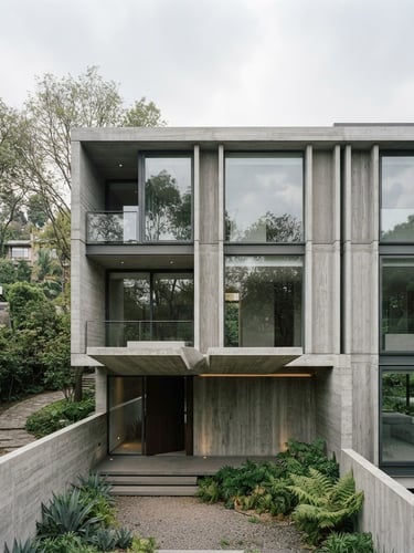 Premium modern residential architecture in Lomas de Chapultepec, clean concrete lines, large glass windows reflecting soft overcast sky, 35mm lens