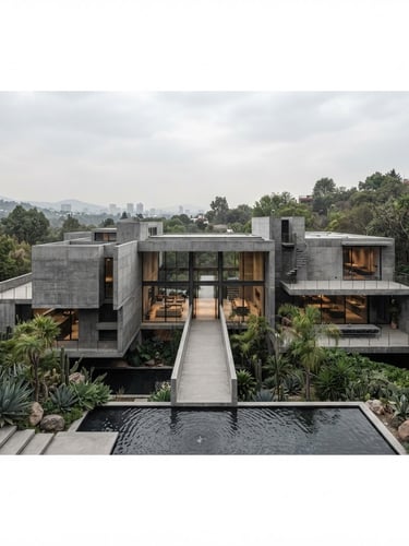 Wide panoramic architectural shot of a modern minimalist concrete residence in Mexico City, soft overcast daylight, clean lines, graphite tones