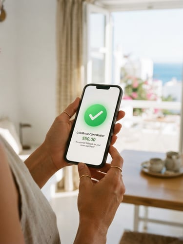 Close-up of a modern smartphone screen displaying a cashback app with a green checkmark, held by a person in a bright, sunlit Greek apartment, warm natural daylight, soft focus