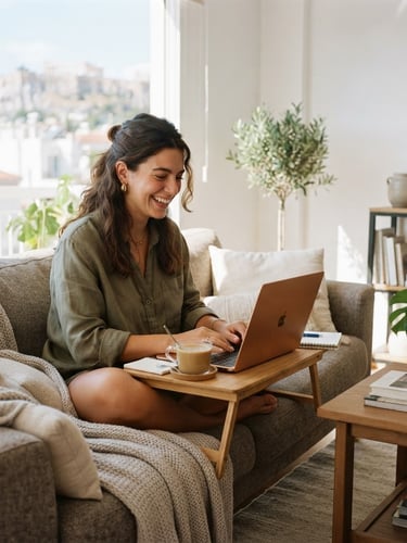 Warm lifestyle photography, bright natural daylight, a cheerful young Greek woman sitting on a cozy sofa in a modern Athens apartment, working on her laptop, soft focus, 35mm