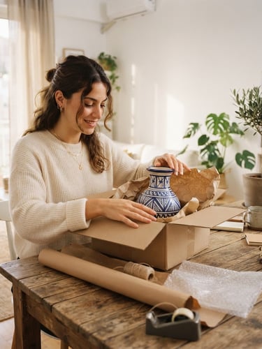 A warm, natural daylight lifestyle photo of a young Greek woman neatly packaging a vintage ceramic vase in a cardboard box on a wooden table, soft focus background, modern Greek apartment setting, 35mm