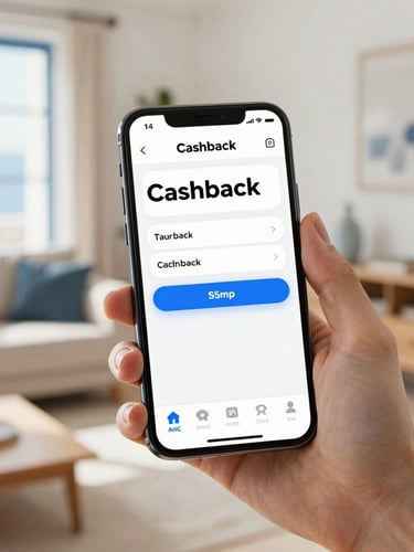 Close-up of a hand holding a modern smartphone displaying a clean cashback app interface, soft natural daylight, warm tones, cozy Greek home background.