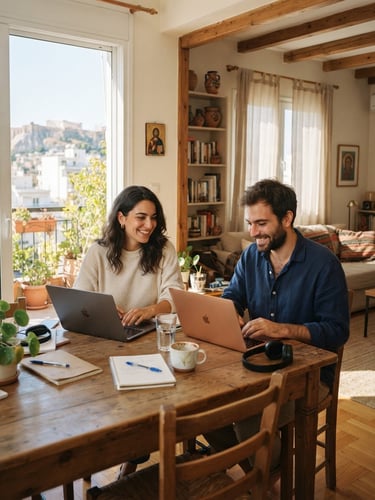 Warm lifestyle photography of two young Greek adults working on laptops in a bright, sunlit Athens apartment, soft focus, natural daylight, 35mm.