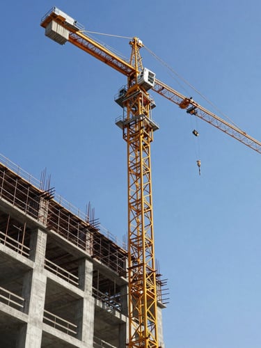 Heroic low-angle daylight shot of a high-capacity tower crane lifting structural steel over an active concrete building frame in Hyderabad.