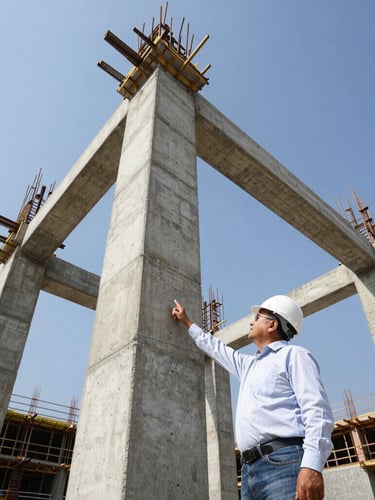 Low-angle shot of a senior civil engineer in a white hardhat pointing at a structural concrete column on an active Hyderabad construction site, bright daylight.