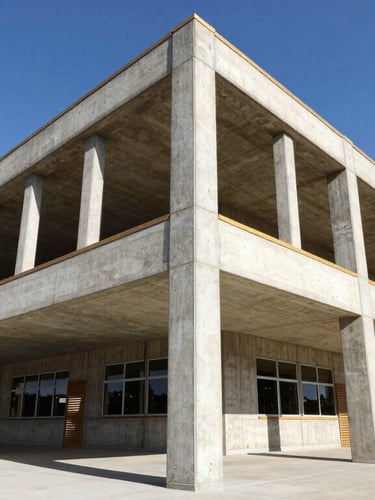Low-angle architectural shot of completed Sancta Maria school concrete structure, crisp shadows, bright daylight, wide-angle lens