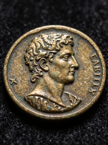 Macro shot of ancient bronze coins on a dark velvet surface, soft warm side lighting highlighting the raised profile of a Roman emperor, shallow depth of field.