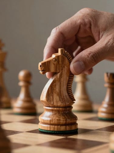 Extreme close-up of hands placing a polished wooden knight on a chess board, warm side light illuminating the grain of the wood, soft background.