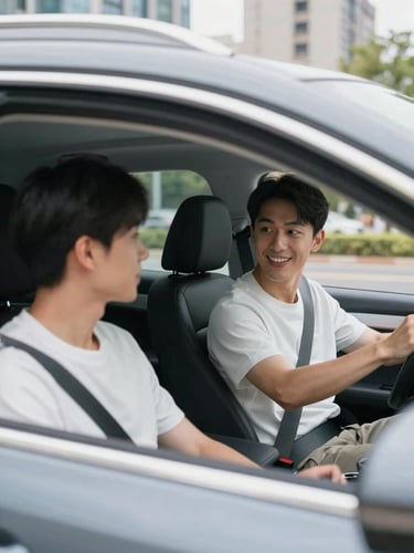 A calm driving instructor with a friendly smile explaining something patiently to a young adult student in the passenger seat of a modern car, bright natural daylight, clean urban background
