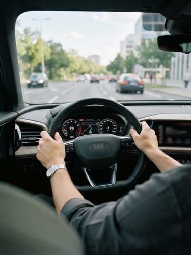 First-person view from the driver seat of a modern clean car, hands confidently on the steering wheel, soft daylight filtering through the windshield, shallow depth of field, 35mm