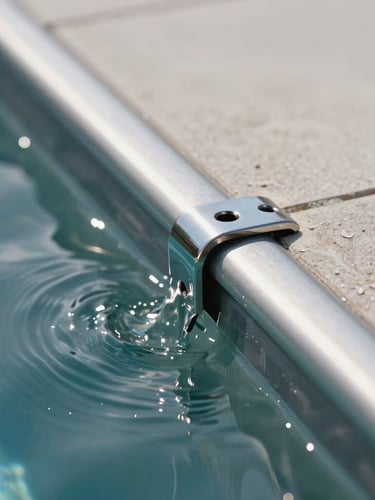 Extreme close-up of still water tension against a polished silver infinity edge, sharp focus on the metallic fixture.