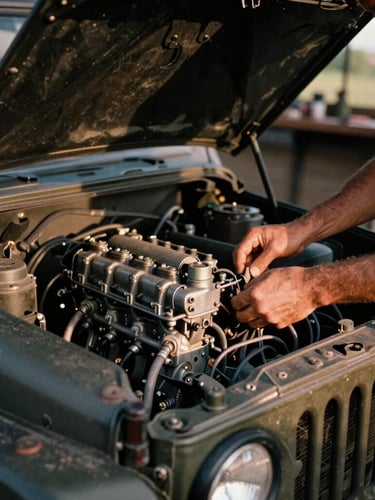 Close-up of a vintage military-style jeep engine under the open hood, a mechanic's hands adjusting the carburetor, warm garage workshop lighting, rugged 35mm film.