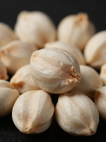Extreme close-up macro shot of bone-white Makhana seeds against a pitch-black background, dramatic side-lighting highlighting the rough, raw textures.