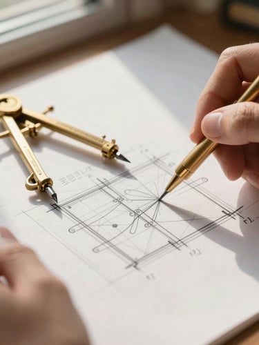 Extreme close-up of hands sketching a structural plan on heavy cotton paper, warm directional library daylight, antique gold compass resting nearby, shallow depth of field