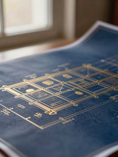 Extreme close-up of architectural blueprints on heavy paper, rich navy tones, soft library window light, shallow depth of field