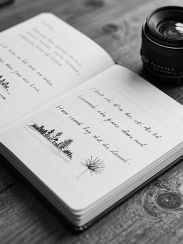 Macrophotographie en noir et blanc d'un carnet de notes manuscrit ouvert sur une table en bois clair, écriture fine à l'encre, croquis topographiques marginaux, lumière naturelle douce venant de biais.