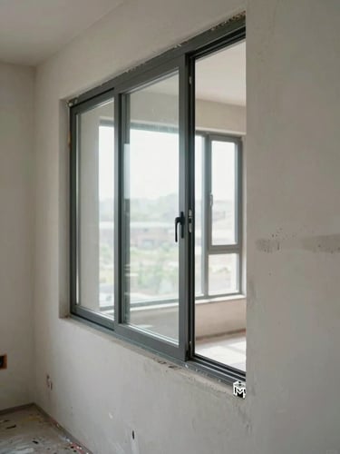 Wide interior shot looking toward a finished aluminium sliding window frame installed flush in a plastered wall, natural noon daylight flooding through the glass, close detail of the aluminium extrusion corner joint visible in foreground, empty room behind, documentary framing