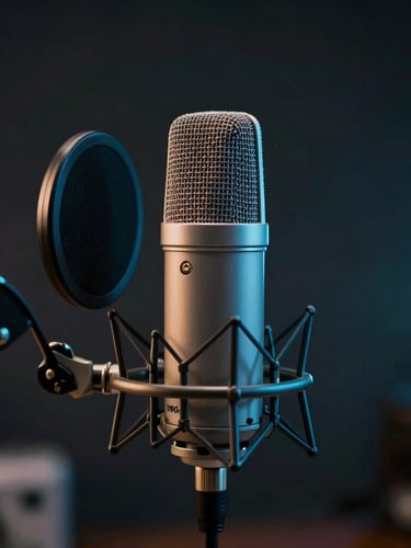 Tight macro shot of a high-end Shure SM7B microphone on a boom arm, moody studio lighting with neon blue accent glow, shallow depth of field, 35mm anamorphic lens