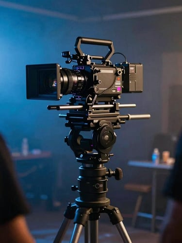 Behind the scenes of an active film set, a high-end cinema camera rig on a stabilizer, moody blue and amber backlighting, haze in the air, professional filming environment