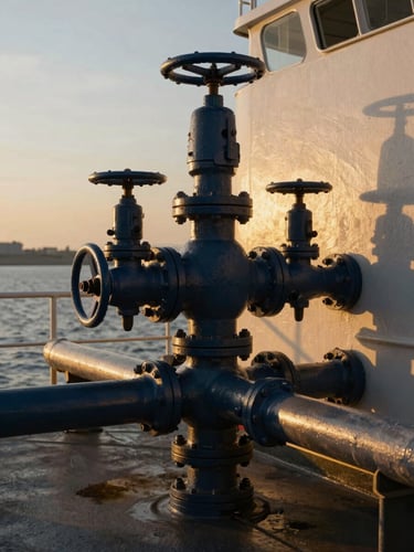 Close-up of industrial bunkering manifold on a vessel deck, heavy steel pipes and valves, warm golden-hour light, dramatic shadows