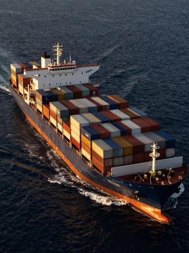 Wide cinematic aerial view of a massive container ship cruising through deep navy ocean waters at golden hour, high-contrast industrial realism