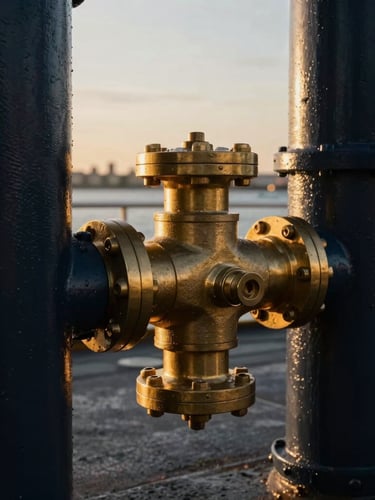 Macro close-up of a heavy brass bunkering manifold connection on a ship deck, low-key dramatic lighting, dark navy and gold tones