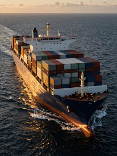 Cinematic aerial of a massive modern container ship cutting through calm deep ocean waters at sunset, gold light reflecting off the hull, high-contrast industrial realism