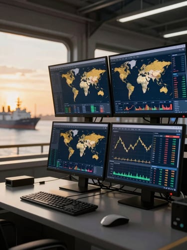Dramatic close-up of a high-tech marine fuel trading desk with multiple monitors displaying complex global shipping maps and live energy charts, cool-toned industrial lighting, premium corporate aesthetic