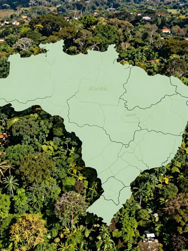 Vista aérea técnica de georreferenciamento de limites territoriais sobrepostos à floresta densa do Amapá, linhas topográficas nítidas, luz solar equatorial direta.