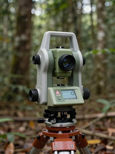 Macro shot of a high-precision GPS surveying instrument set up in a clearing of the Amapá forest, soft natural equatorial light filtering through canopy.