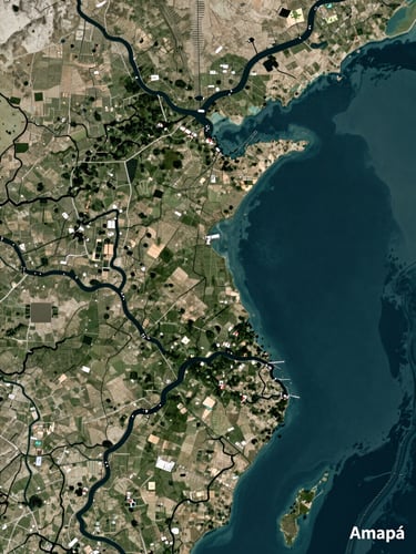 High-resolution satellite cartography overlay of the Amapá coast, showing river boundaries and land parcels in high contrast, natural equatorial daylight, macro details of technical lines.