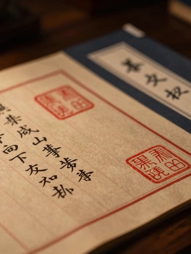 Close-up of traditional Chinese legal documents with red seals on a dark wooden desk, dramatic editorial photography, low-key warm golden lighting, deep charcoal and rich red tones, shallow depth of field, 50mm lens.