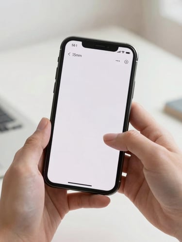 Close-up of a modern smartphone displaying a clean user interface held by hands in a bright, natural daylight workspace, 35mm photography