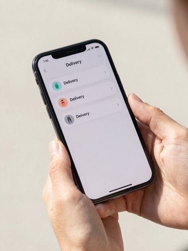 Close-up of hands holding a modern smartphone displaying a clean delivery app interface, bright natural daylight, soft neutral background, shallow depth of field, 35mm