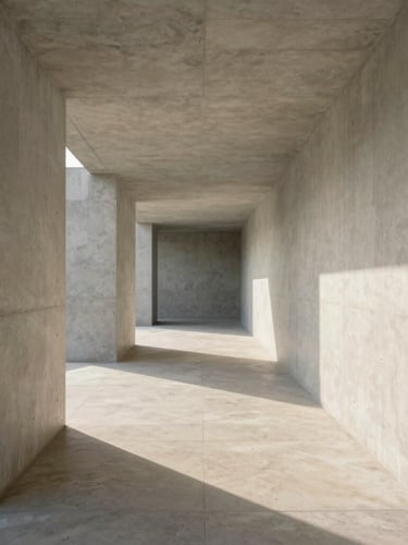 Straight-on symmetrical architectural shot of a minimalist concrete and travertine corridor, soft morning light casting long shadows, pristine dust-free surfaces.