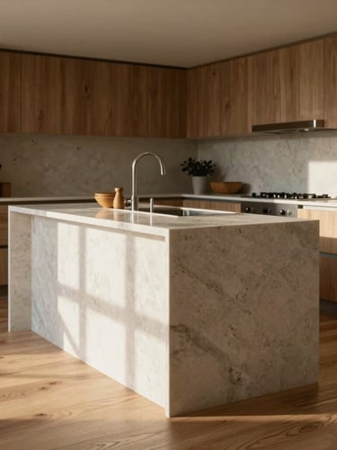 Straight-on architectural elevation of a luxury kitchen, oak flooring meeting a seamless travertine island with a perfect joint, warm natural side-light highlighting textures.
