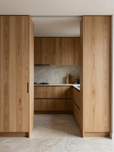 Straight-on architectural elevation of a minimalist kitchen transition, oak cabinetry meeting travertine flooring under soft natural side-light, clean lines, high-contrast.