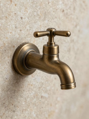 Macro architectural photograph of a brushed bronze tap emerging from a travertine wall, perfect soft side lighting, sharp focus on the stone texture.