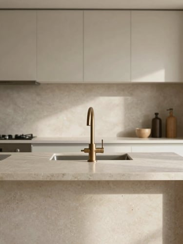 Straight-on architectural elevation of a minimalist kitchen, travertine cream island, brushed bronze tap, soft natural side-light.