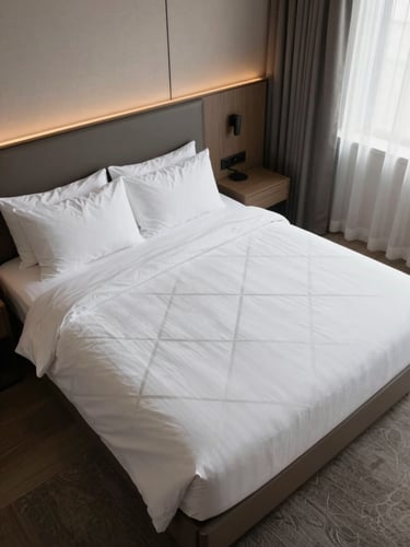 Wide environmental overhead shot of a freshly completed hotel room, bed linen pulled taut with geometric precision, surfaces clear, shot in flat north-facing daylight from a corner high angle showing the full room geometry, no people present
