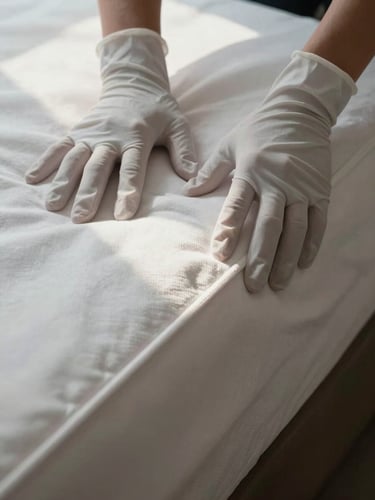 Extreme close-up of gloved hands pressing a white linen corner flat against a hotel mattress edge, shot from directly above, natural north-facing window light raking across the surface revealing the precise tuck, no person visible above the wrists