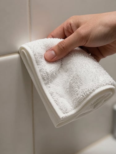 Extreme close-up of a gloved hand pressing a white folded towel edge against a bathroom vanity corner, controlled studio lighting from above, tile grout visible in sharp focus, no faces or people beyond the hand