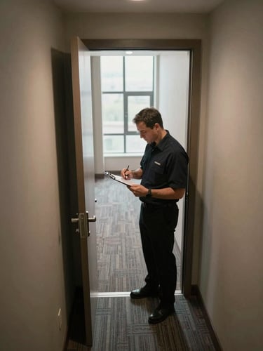 Wide environmental overhead shot of a fully completed hotel room corridor, a supervisor in uniform standing at an open doorway reviewing a checklist clipboard, north-facing window light from the far end of the corridor, no eye contact with camera, sharp detail on the clipboard and doorframe corner