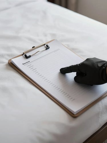 Extreme close-up overhead shot of a gloved hand pressing a white clipboard checklist against a freshly made hotel room bed corner, north-facing daylight through a window casting clean diffused light across the surface, tight framing showing only the hand, the document edge, and the precise fold of the bed linen below