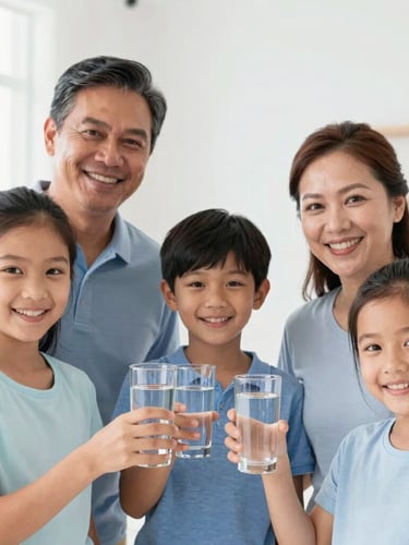 A medium-close portrait of a smiling Filipino family in a bright, sunlit home, holding glasses of crystal-clear water, warm and authentic atmosphere.