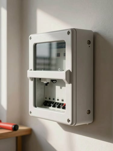 Planos detalle de un cuadro eléctrico moderno y ordenado en una vivienda de Barcelona, luz natural nítida del día, herramientas de precisión colocadas a un lado.